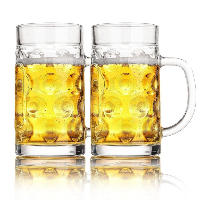 ZHENGYAOYANG Freezer Beer Mugs, 20 oz Glass Mugs with Handles Set of 2, Clear Large Beer Steins for Tea, Coffee, Lead-Free Glasses Oktoberfest Style, Best Gifts for Dad Husband or Friend