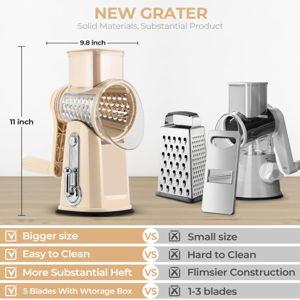 SUSTEAS Rotary Cheese Grater with Handle - Vegetable Shredder with 5 Well-designed Blades & Strong Suction Base,Round Mandoline Slicer & Food Chopper for Kitchen,with Blade Storage Box(Beige)