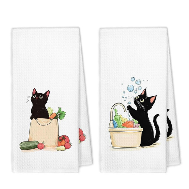 XBBMGG Black Cat Kitchen Towels Set of 2, Funny Cat Dish Hand Tea Towels, Black Cat Decorative Towels for Bathroom Kitchen, Black Cat Decor Gifts, Black Cat Gifts for Cat Women Lovers, 16x24 Inch