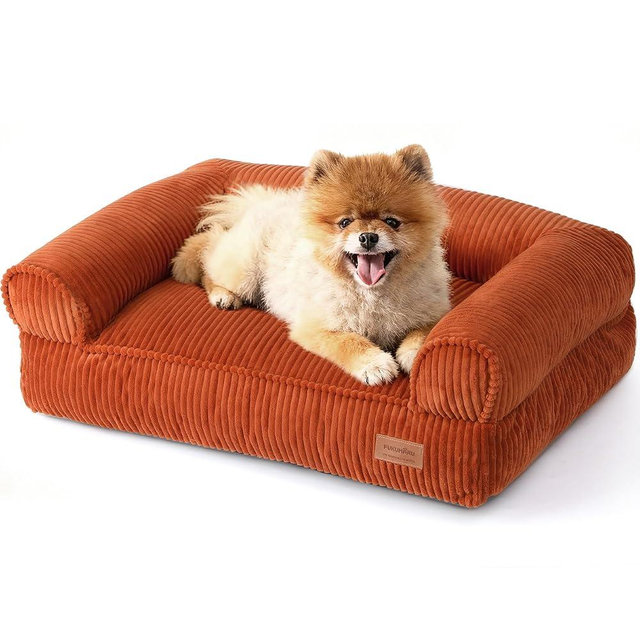 FUKUMARU Dog Couch Bed, Corduroy Cozy Cat Bed for Indoor Cats with Washable Cover, 28in Waterproof Orthopedic Dog Beds Sofa for Small Dogs and Large Cats, Cute Warm Cotton Pet Sofa, Orange