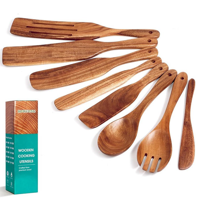 Spurtle Spatula Wooden Kitchen Utensils for Cooking, 8 Pcs Acacia Wooden Spoon Tools Set Salad Fork Cookware, Butter Knife, Slotted Spatula Set Non-Stick by HOWHONG