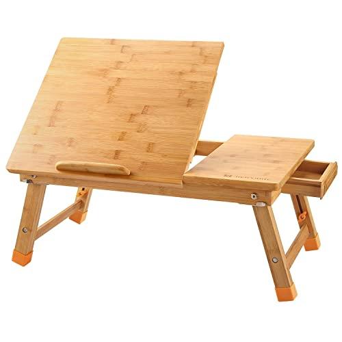 Laptop Desk Nnewvante Table Adjustable 100% Bamboo Foldable Breakfast Serving Bed Tray w' Tilting Top Drawer