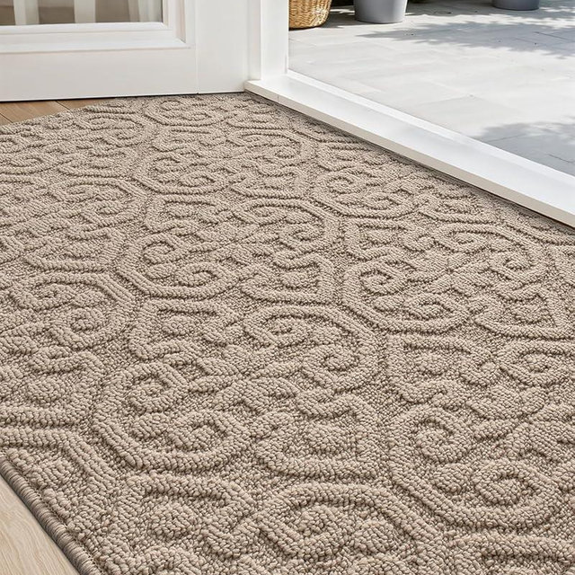 DEXI Front Door Entryway Mat Non Slip, 2x3 ft Washable Inside Entrance for House Floor Low Profile, Thin Entry Doormat Absorbent Dirt Trapper, Light Taupe