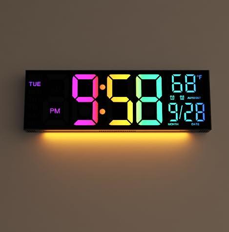 Digital Wall Clock Large Display, 16.2" Digital Wall Clock with RGB Color Changing Remote Control, Automatic Brightness Dimmer with Night Lights, Auto DST, Date Week,Temperature, Perfect for Gift