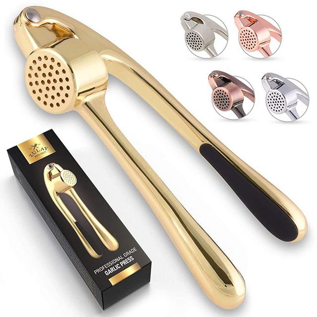 Zulay Premium Garlic Press - Soft Easy-Squeeze Ergonomic Handle, Sturdy Design Extracts More Garlic Paste Per Clove, Garlic Crusher for Nuts & Seeds, Professional Garlic Mincer & Ginger Press - Gold
