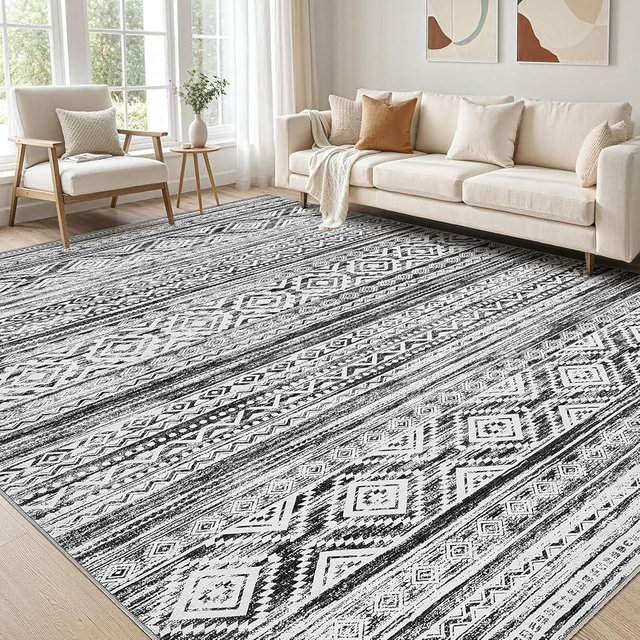 cotiled 9x12 Area Rug Living Room: Washable Boho Rugs with Non Slip Backing Large Soft Indoor Stain Resistant Carpet for Bedroom Farmhouse Dining Room Lightweight Home Decor White/Black