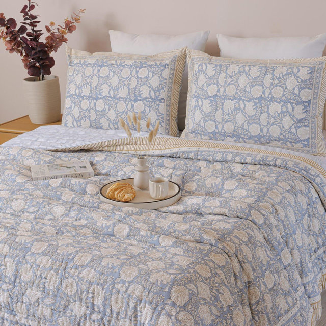 Slate Blue Floral Block Print Quilt, Handmade Cotton Bedspread, Reversible Bedding, Farmhouse Cottage-core Comforter, All Season Blanket