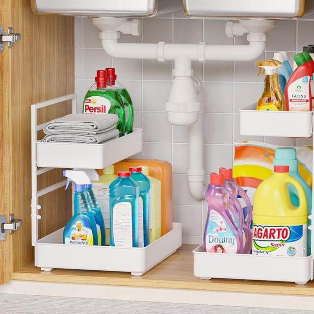 EVERIE Height Adjustable 2 Tier Metal Pull Out Slide Shelf Organizer for Under Sink Cabinets in Kitchen, Bathroom, with Snap-on Top Tray, 16" Deep (White, 2 Sets)