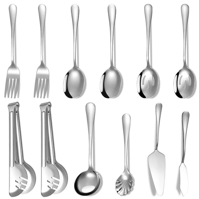 12 PCS Stainless Steel Serving Utensils Sets Includes Serving Spoon, Slotted Spoon, Serving Forks, Appetizers Tong and Pie Server, Serving Utensils Set for Party Buffet Banquet, Dishwasher Safe