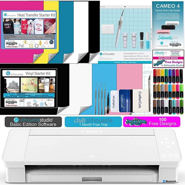 Silhouette Cameo 4 White Bundle with Vinyl Starter Kit, Heat Transfer Starter Kit, 2 Autoblade 2, 24 Pack of Pens, CC Vinyl Tool Kit, 130 Exclusive Designs, and Access to Ebooks, Tutorials, & Classes