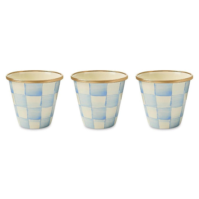 MACKENZIE-CHILDS Set of 3 Enamel Herb Pots, Small Plant Pots for Herbs or Flowers, Light-Blue-and-White Sky Check