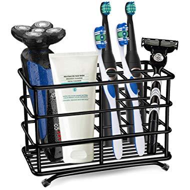 HYRIXDIRECT Toothbrush Holder Black Plating Stainless Steel Rustproof Bathroom Electric Toothbrush Holder Toothpaste Storage Organizer Multi-Functional 6 Slots Stand for Vanity,Countertops (Black-02)