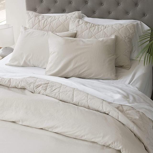 Welhome 110 Thread Count Cotton Linen Percale Duvet Cover Set - Full/Queen Size - 92"x96" - Soothing Soft - Breathable - Lightweight - Machine Washable - Taupe