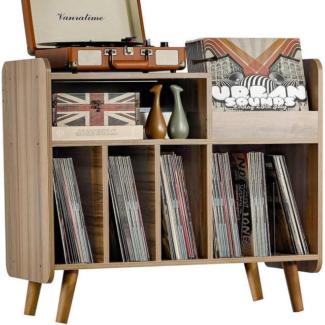UODERS Record Player Stand, Large Record Player Table Cabinet with Open Vinyl Storage and Display Shelf Holds up to 350 Albums, Mid Century Wood Turntable for Living Room, Bedroom (Walnut)