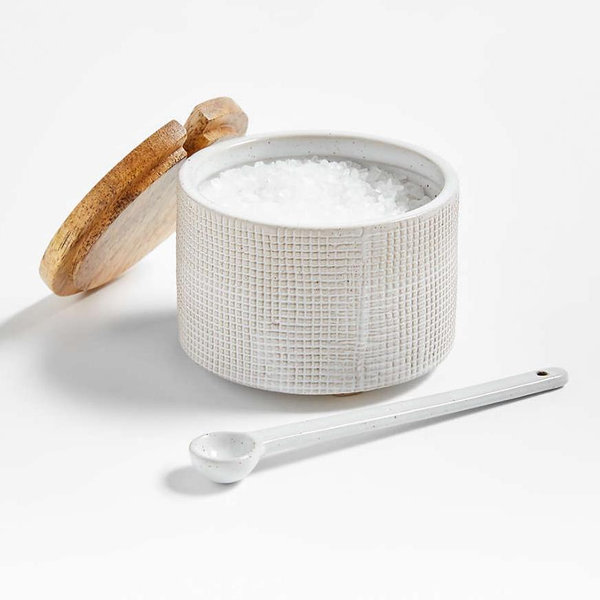 Ena Stoneware Salt Cellar with Spoon and FSC Acacia Wood Lid