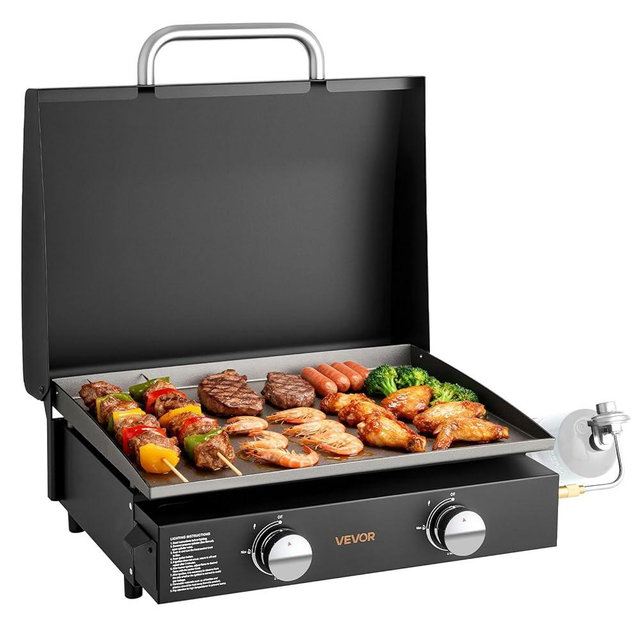 VEVOR Gas Griddle, 2 Burner Tabletop Griddle, 22 inch Portable Griddles Propane with Lid, Oil Drain Hole & Oil Collection Tray, 22000BTU Camping Flat Top Grill for Outdoor Cooking, Tailgating