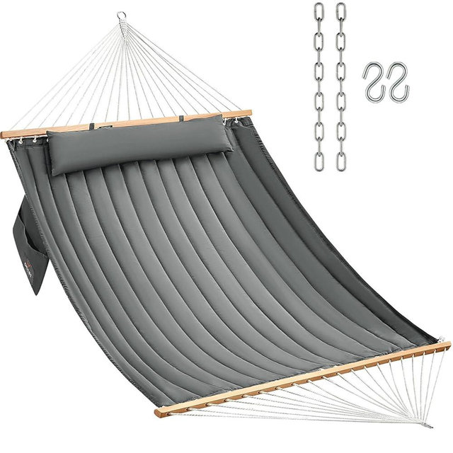 CHULIM Double Quilted Fabric Hammock with Hardwood Spreader Bars and Pillow 450 LBS Capacity 2 Person Large Hammock for Outdoor Patio Backyard Poolside - Dark Grey