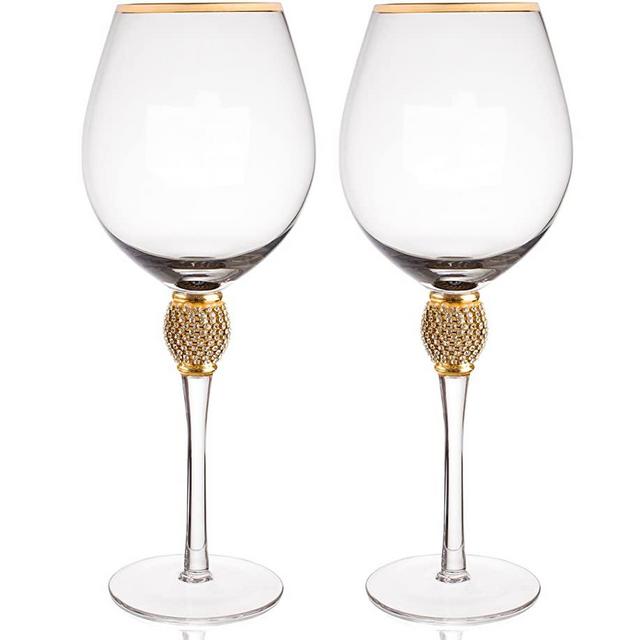 Trinkware Gold Rimmed Wine Glasses Set of 2 - Rhinestone Champagne Flutes"DIAMOND" Studded - Long Stem, 16oz, 10-inches Tall – Elegant Glassware And Stemware