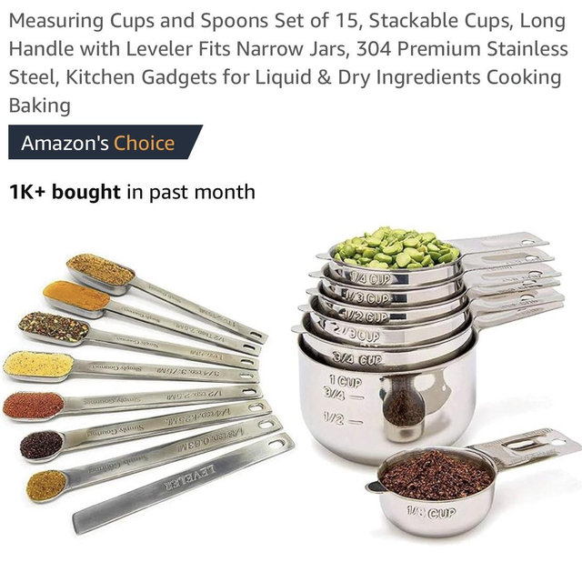 Measuring Cups and Spoons Set of 15, Stackable Cups, Long Handle with Leveler Fits Narrow Jars, 304 Premium Stainless Steel, Kitchen Gadgets for Liquid & Dry Ingredients Cooking Baking