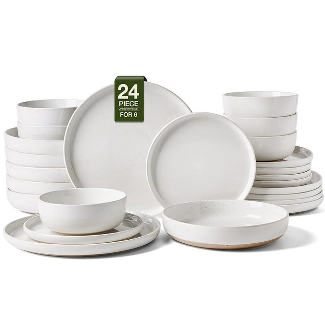 Famiware Milkyway Stoneware Dinnerware Sets with Pasta Bowls, Service for 6 (24 Pieces), Plates and Bowls Sets -Scratch Resistant, Microwave and Dishwasher Safe Dishes Set, White