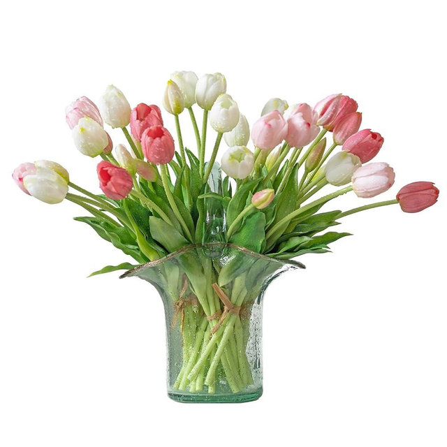 DUYONE 40pcs Artificial Tulips Flowers, Real Touch Latex Bouquet, Fake Tulips for Office Wedding Party Home Kitchen Garden Decoration(White Suit 40pcs)