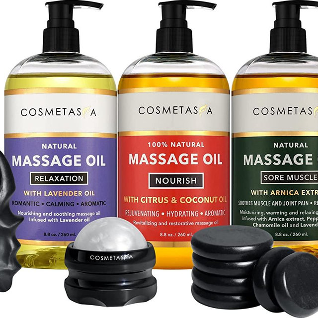 Cosmetasa Luxury Spa Treatment Gift Set- Relaxation, Nourish and Sore Muscle Massage Oil with Hot Stones, Roller Ball and Thumb Saver Massage Tools