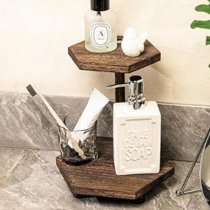 Tikea Hexagonal Wood Riser for Display, 2-Tier Rustic Wood Farmhouse Riser for Kitchen Bathroom Counter Decor, Decorative Tray for Soap Dispenser, Decorations and Plant (Brown)