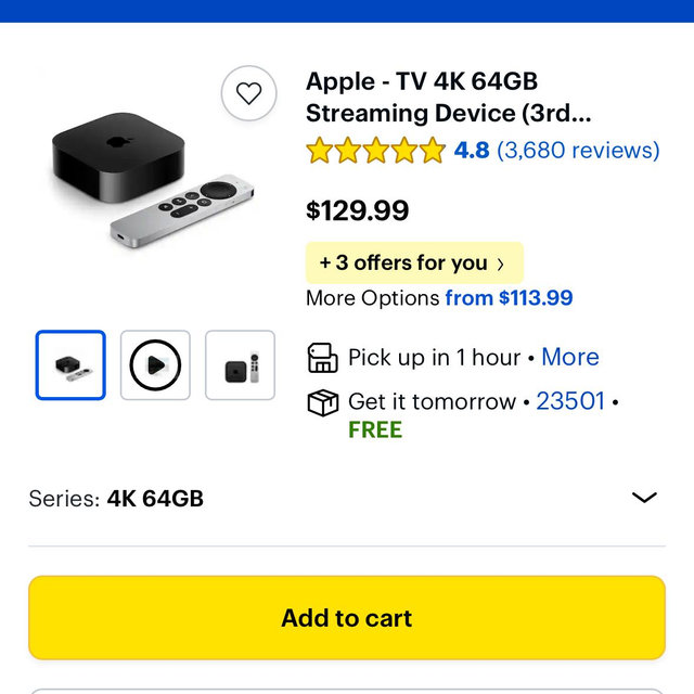 Apple - TV 4K 64GB Streaming Device (3rd generation) - Wi-Fi - Black
