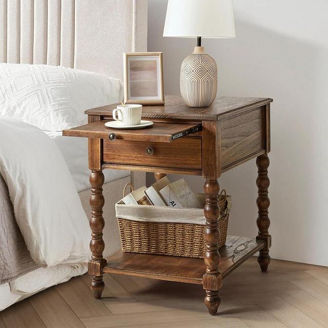 HULALA HOME Farmhouse End Table with Charging Station, Solid Wood Nightstand with Drawer Shelf, Side Table with Pull-Out Shelf (Walnut)