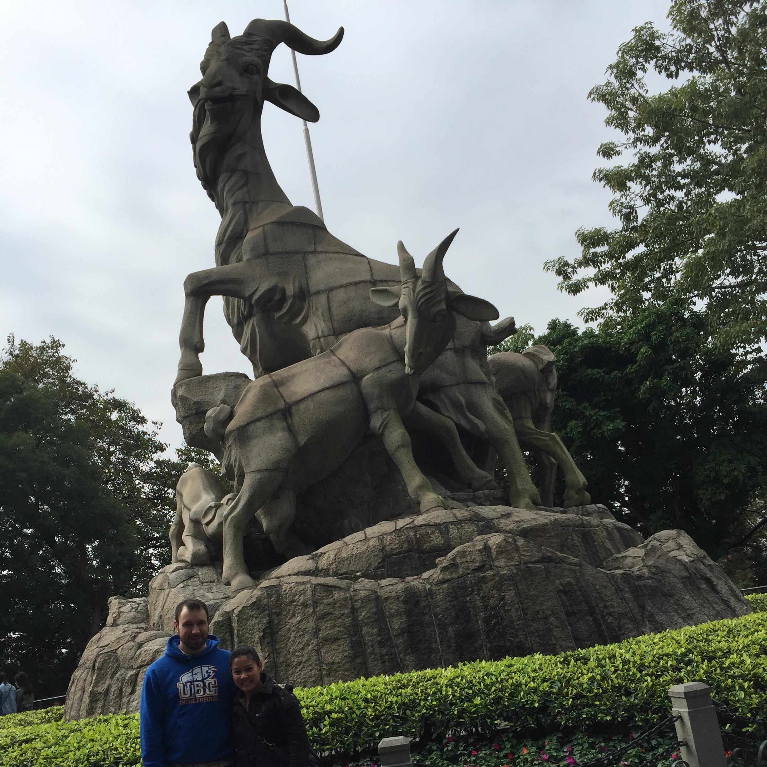 Posing in front of the Five Rams Statue in Yuexie Park in Guangzhou during our trip to Asia in November 2017