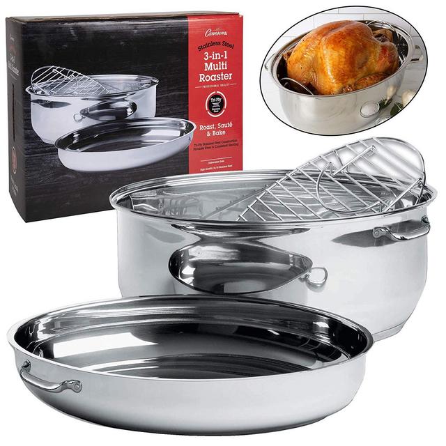 Camerons Products - Oval Multi Roaster- 3-in-1 Stock Pot (11 QT), Turkey Roasting Pan w Rack and Saute Cookware- Stainless Steel Tri Ply, Induction Compatible w Stick Resistant Interior