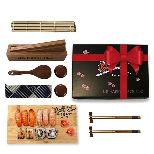 Luxury Sushi Making Kit for Beginners Home Use - Japanese DIY Sushi Maker Set w/Bamboo Mat, 2 Chopsticks & Holders, Sauce Dishes, Rice Paddle, Sushi Plate, Solid Oak Maki Molder & Cotton Bag,15 pcs