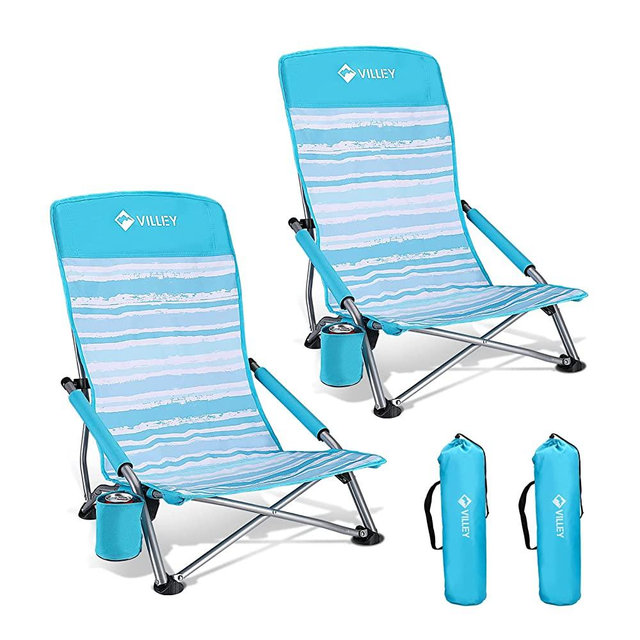 VILLEY Low Beach Chairs for Adults 2 Pack, High Back Folding Beach Chairs, Lightweight and Portable for Outdoor, Beach, Camping, Lawn, Music Festival, with Cup Holder and Carry Bag-Blue Stripes