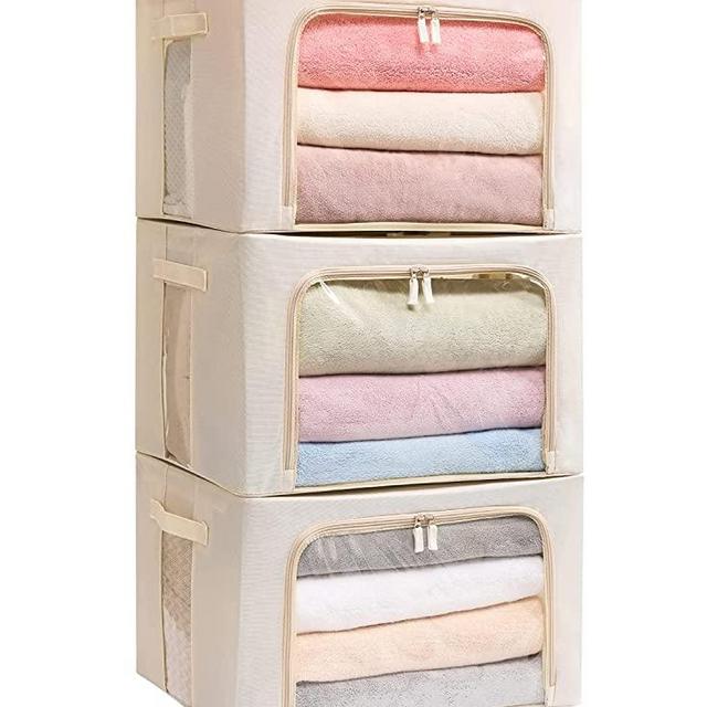 3Pack Frame Storage Box - Clothes Storage Bin Bags Oxford Fabric Foldable Stackable Container Organizer Set with Clear Window & Carry Handles Large Capacity (Beige, Large-66L)