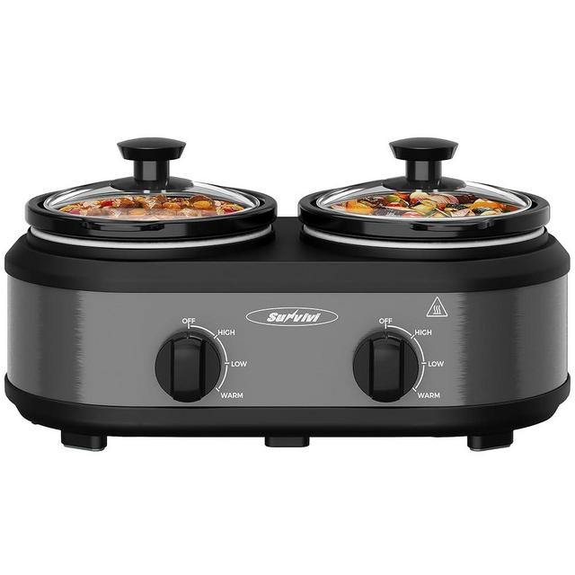 SUNVIVIPRO 2.5 QT Dual Slow Cooker, Buffet Server & Warmer with 2 Removable Ceramic Pots, 3 Adjustable Temp Settings & 2 Visible Glass Lids, Stainless Steel, Grey