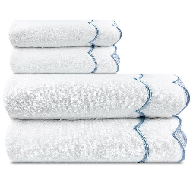 laoyuandamai 4 Set 100% Cotton Bath Towels Set 2 Bath Towels 2 Hand Towels Embroidered Decorative Scalloped Towels Soft Cute Towels for Bathroom (Blue)