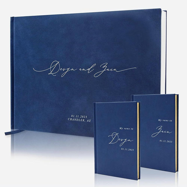 Personalized Wedding Book Set with Guestbook Vow Books (Design 1) - Custom Large 11.5 x 8.5 Guest Signin Book, 5.75 x 4 Vow Books for Marriage Ceremony Reception, Gift for Newly Engaged Couple, Navy