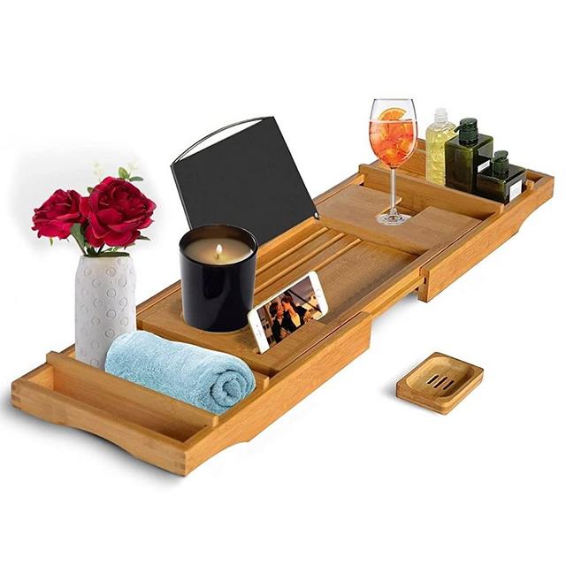 CINEYO Luxury Bamboo Bathtub Caddy Tray - Expandable Bath Table Over Tub with Wine Glass Book and Phone Holder and Free Soap Dish