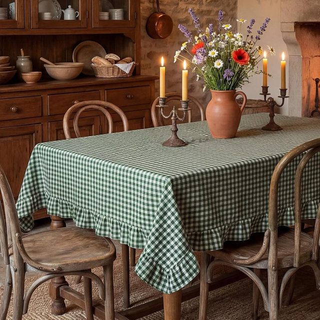 Mindsoft Plaid Ruffled Table Cloth Cotton Linen Fabric Checkered Gingham Tablecloth Farmhouse Vintage Buffalo Plaid Decorative Table Cover for Dining Room Party(52 x 70 Inches,Green)