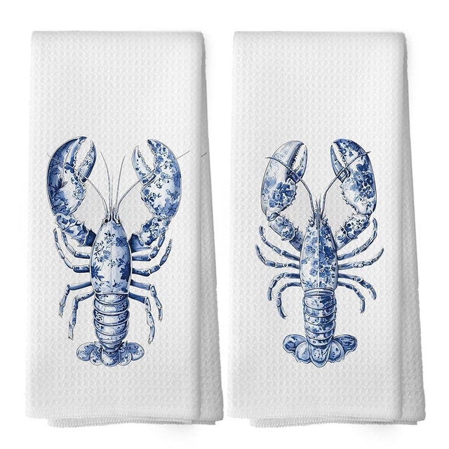 XPH Chinoiserie Coastal Beach Lobster Kitchen Dish Towels, Blue and White Grandmillennial Flower Crawfish Beach Hand Towels Kitchen Tea Towel Decorations, Coastal Bathroom Decor 16x24inch Set of 2