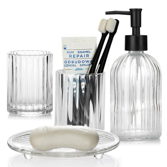 Topsky Glass Bathroom Accessories Set of 4,Clear Vertical Stripe Design with 400ml Liquid Hand Soap Dispenser,Toothbrush Holder,Mouthwash Cup,Soap Dish for Bathroom Countertop