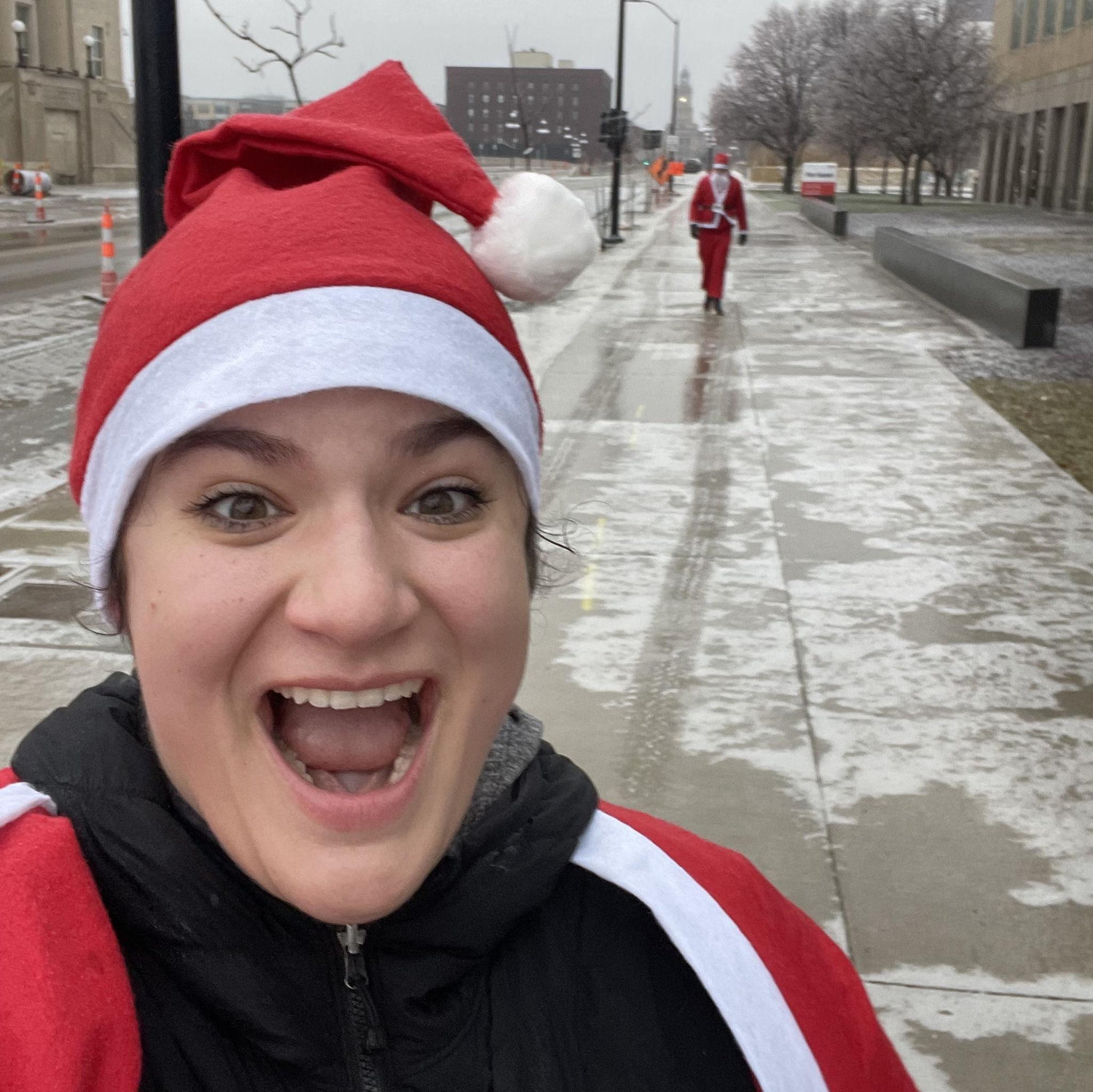 Dec 2024: Saylor had the excellent idea of convincing Leigh to do the Des Moines Santa Run. There was a blizzard the night before; they crawled on all fours at one point getting to the start line!