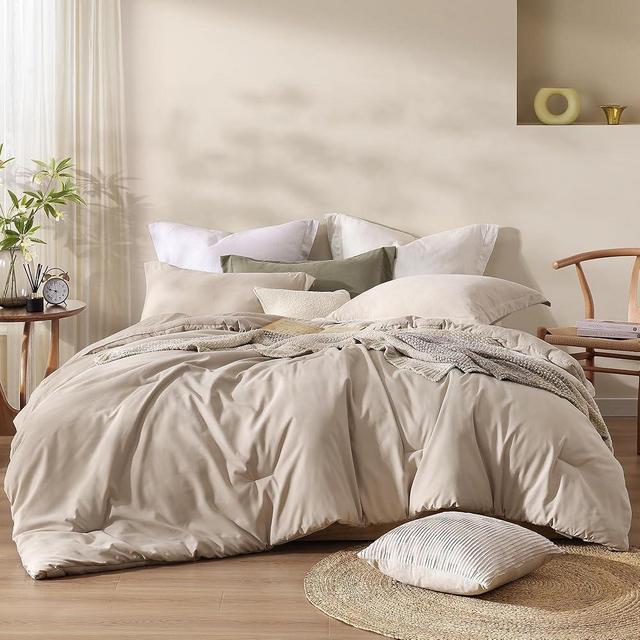 AMBERSPACE Beige Boho King Comforter Set, 3 Piece Lightweight Comforter King Size, Premium Farmhouse King Bedding Set in Faux Microsuede, King Size Bed Set (Beige,102"*90",King)