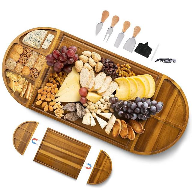 NAGAWOOD Extra Large Charcuterie Boards, 30'' x 13'' Acacia Cheese Board 3 Part Magnetic Long & Round Boards with Knive Set, Wine Opener & Cheese Marker, Unique Serving Tray for Birthday, Wedding Gift