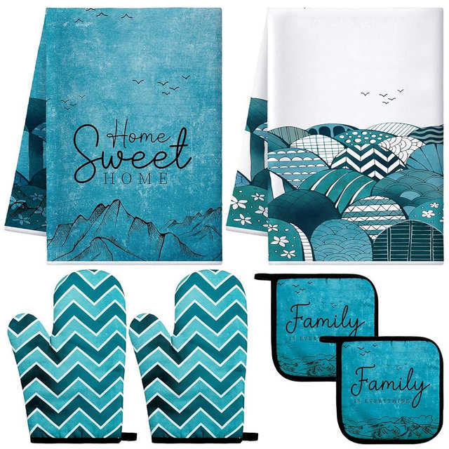 Bencailor 6 Pcs Boho Mountains Kitchen Towels Oven Mitts and Pot Holders Set Decorative Dish Towels Tea Washcloth Non Slip Heat Resistant Oven Gloves for Summer Home Cooking Baking, Turquoise