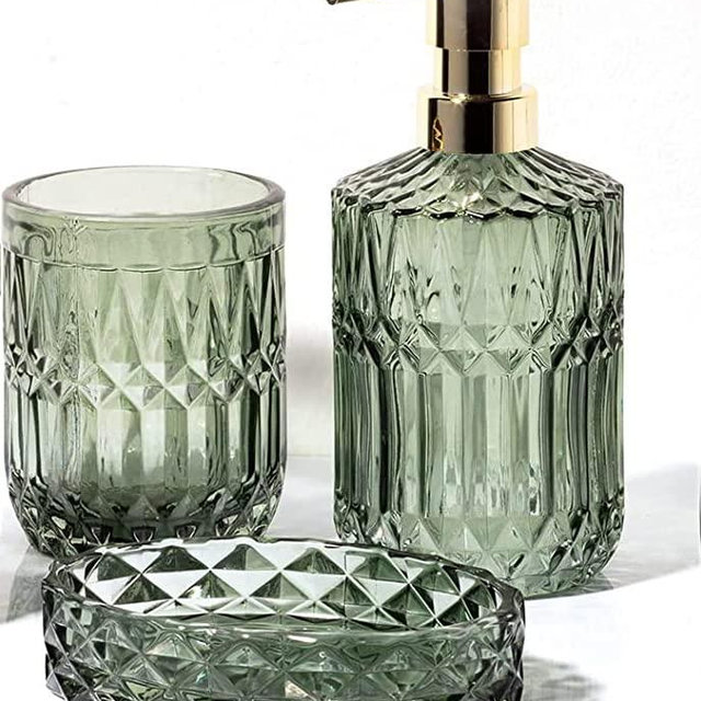 EMPO Bathroom Glass Accessories Set (Lotion Soap Dispenser, Soap Dish, Toothbrush Holder, Tumbler, Cotton Swab Jar) Contemporary Modern Decor Crystal Clear Vintage Gift (3pcs Green)