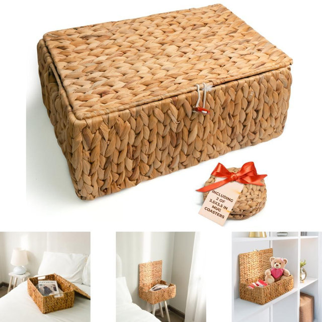 KOKODO Large Rectangular Water Hyacinth Wicker Storage Baskets with Lid, Handles and Built-in Metal Frame, Stylish and Durable Handwoven Bin Perfect for Space-saving Shelves and Room Organizing