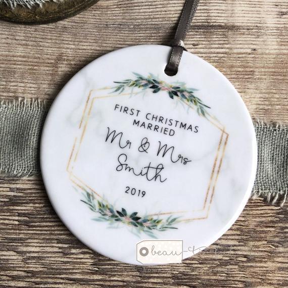 Personalised First Christmas Married Mr Mrs Wedding Marble Style Botanical Ceramic Round Decoration Ornament Keepsake