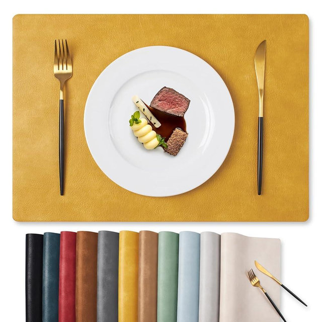 MOSAYT Vinyl Placemats Set of 6-12 X 17 Inch - Faux Leather 100% Waterproof Oil-Proof Wipeable PU Place Mats, Heat Resistant Reversible Table Mats for Kitchen, Dining, Outdoor (Yellow)