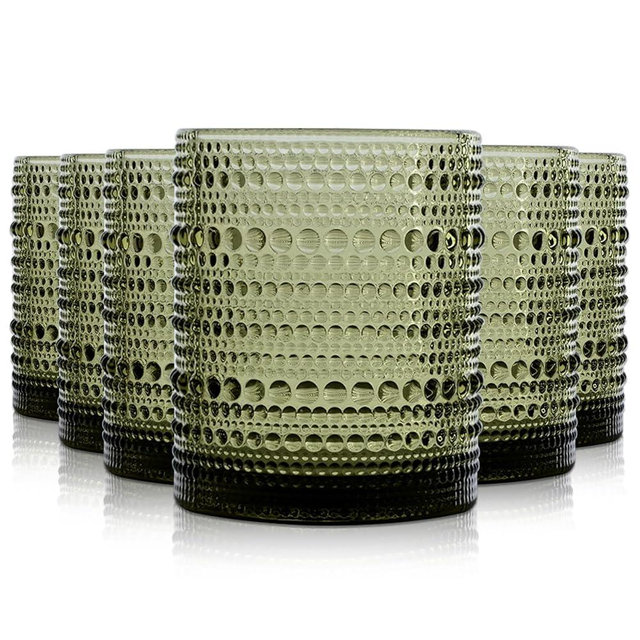 Wongblee Hobnail Drinking Glasses Set of 6, Vintage Colored Glassware 11oz, Beverage Glass Cups for Water, Juice, Cocktail (Green)